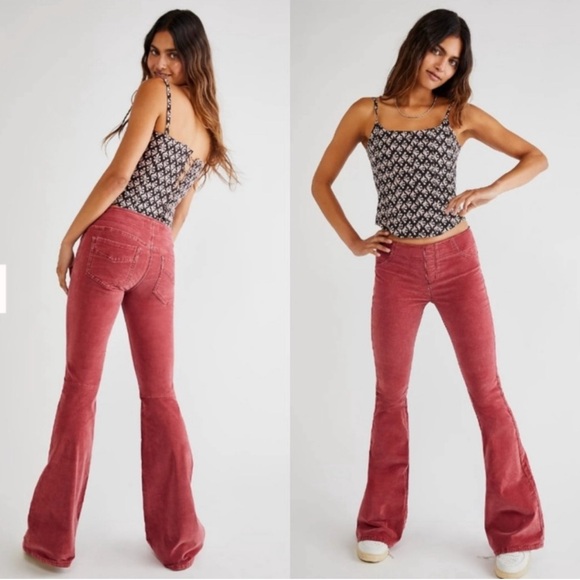 Free People Pull On Corduroy Flare Pants in Garnet Royale Size 24 - Picture 1 of 10